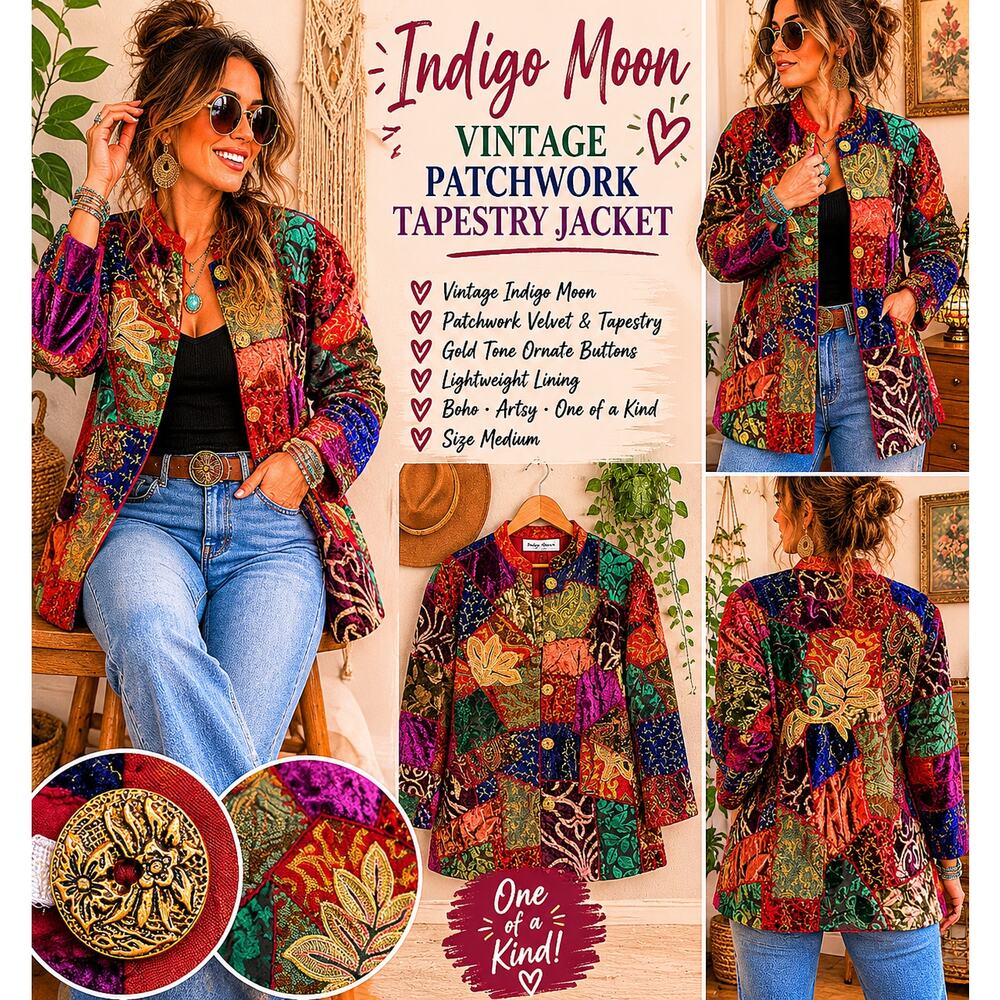 Indigo Moon Vintage Patchwork Tapestry Velvet Jacket Medium